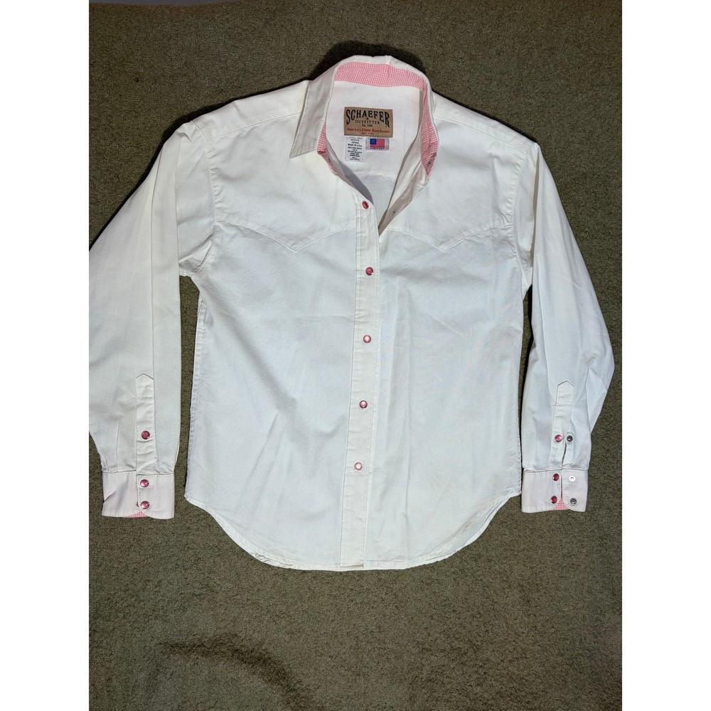 Schaefer Outfitter Womens Western Pearl Snap Shirt White Cotton Canvas Pink Snap